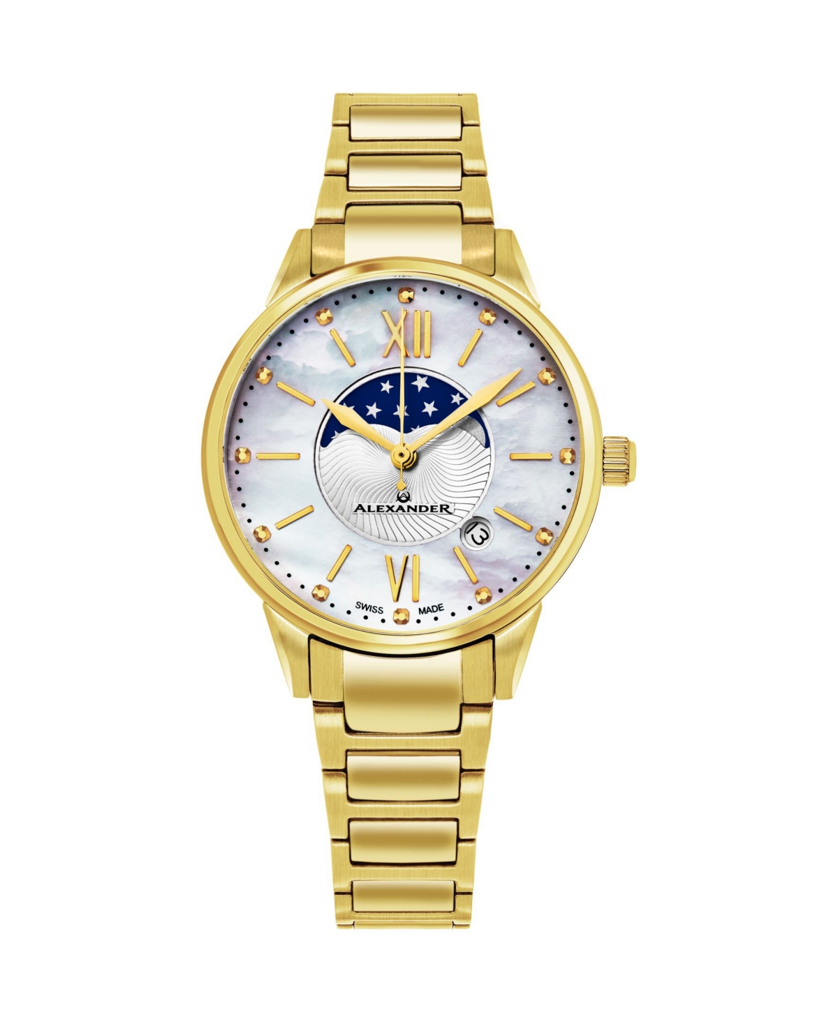 Alexander Watch A204B-05, Ladies Quartz Moonphase Date Watch with Yellow Gold Tone Stainless Steel Case on Yellow Gold Tone Stainless Steel Bracelet -