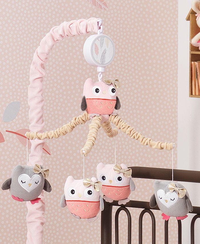 Lambs & Ivy Family Tree Pink/Gray/Tan Owl Musical Baby Crib Mobile