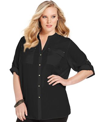 Calvin Klein Plus Size Roll-Tab Sleeve Shirt - Tops - Plus Sizes - Macy's