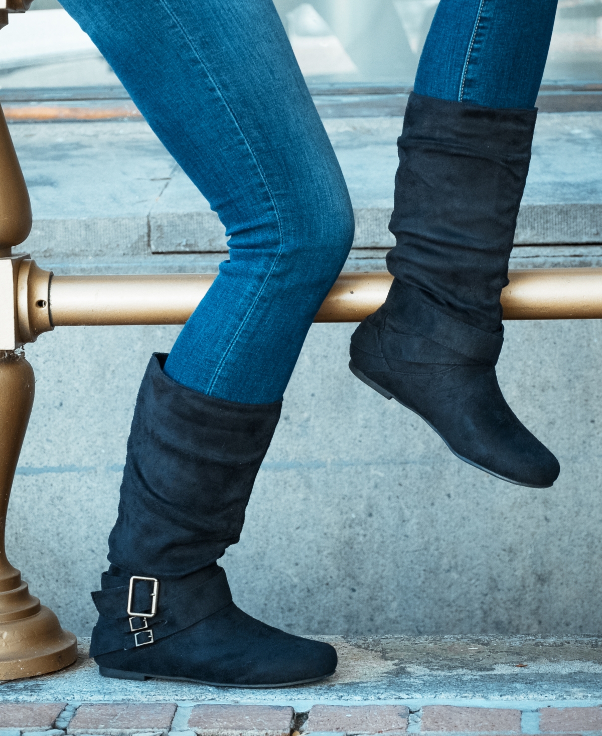 Journee Collection Women's Shelley Rouched Buckle Mid Shaft Boots