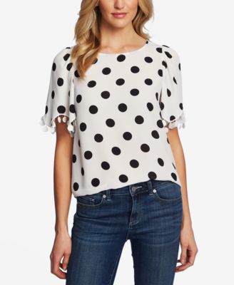 CeCe - Dot-Print Embroidered-Trim Top