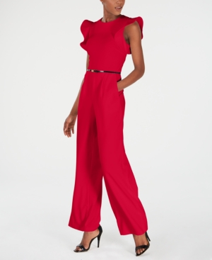 Calvin Klein Petite Belted Ruffle-sleeve Jumpsuit In Red