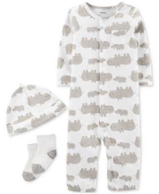 Carter's - Baby Boys & Girls 3-Pc. Hippo-Print Coverall, Hat & Socks Cotton Set