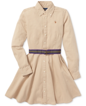 Shop Polo Ralph Lauren Big Girls Belted Cotton Chino Shirtdress In Classic Khaki