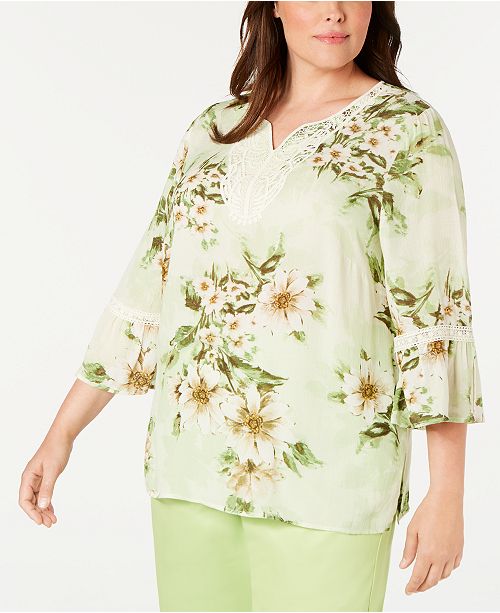 Alfred Dunner Plus Size Coastal Drive Printed Lace Trim Top