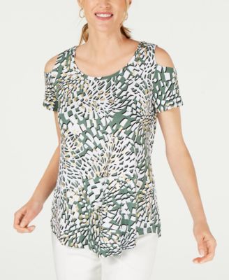 JM Collection - Printed Cold-Shoulder Top