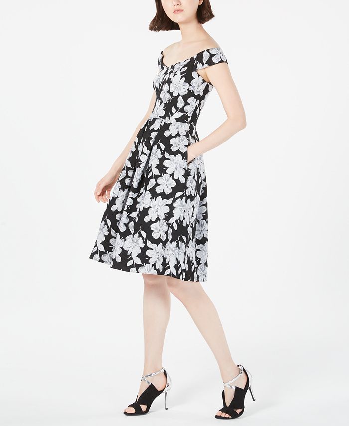 Calvin Klein Petite Off-The-Shoulder Brocade Floral Fit & Flare Dress ...