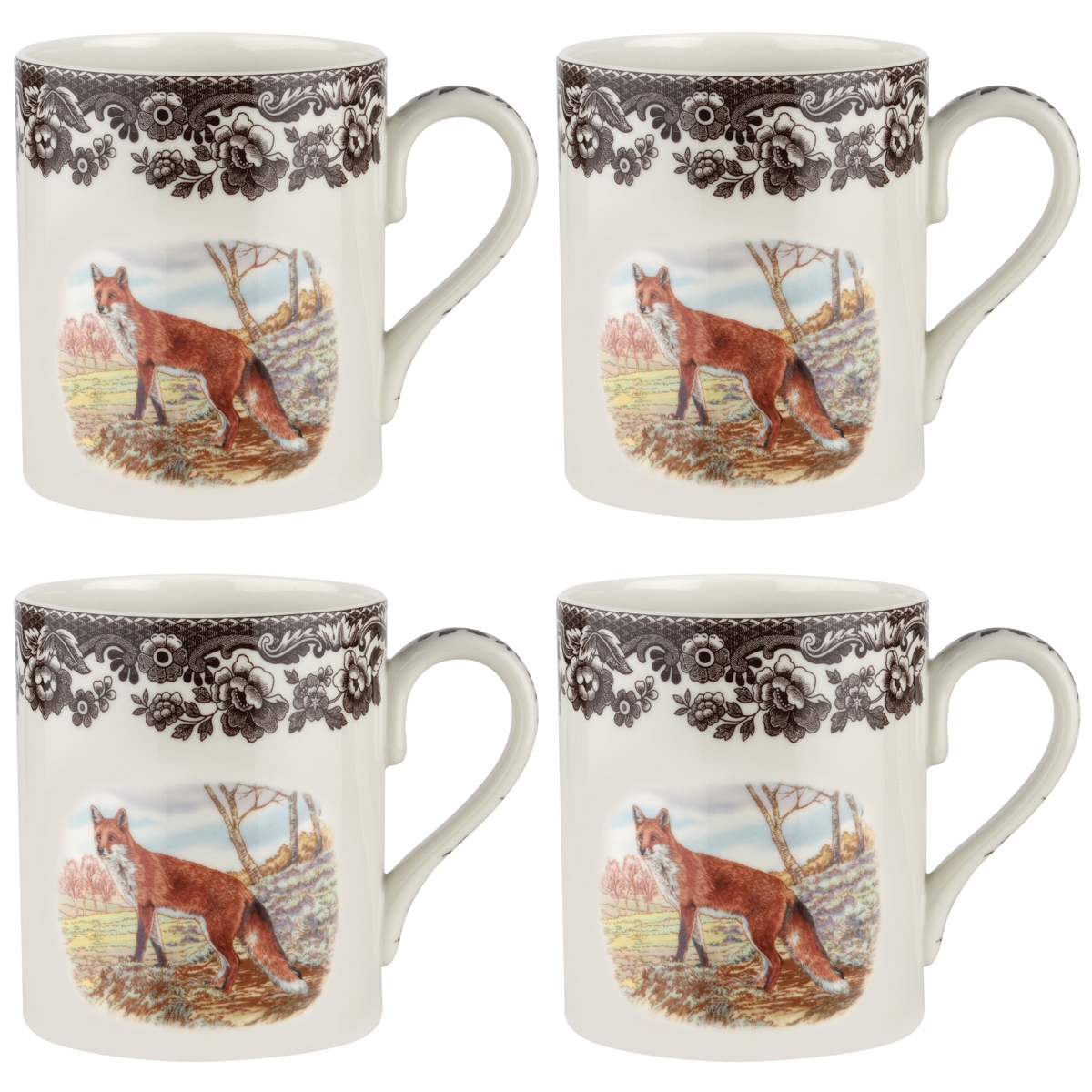 Woodland Red Fox Mugs, Set of 4 - Brown