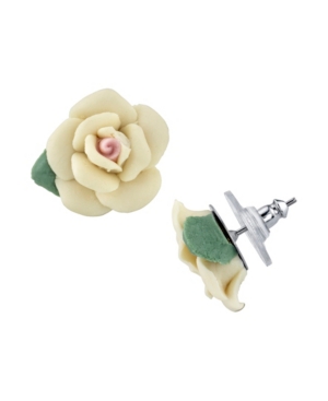 image of 2028 Silver-Tone Large Porcelain Rose Earrings