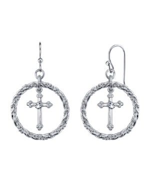 image of 2028 Silver Tone Suspended Cross Hoop Drop Earrings