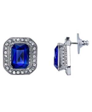 image of 2028 Silver-Tone Dark Blue Stone and Crystal Octagon Button Earrings