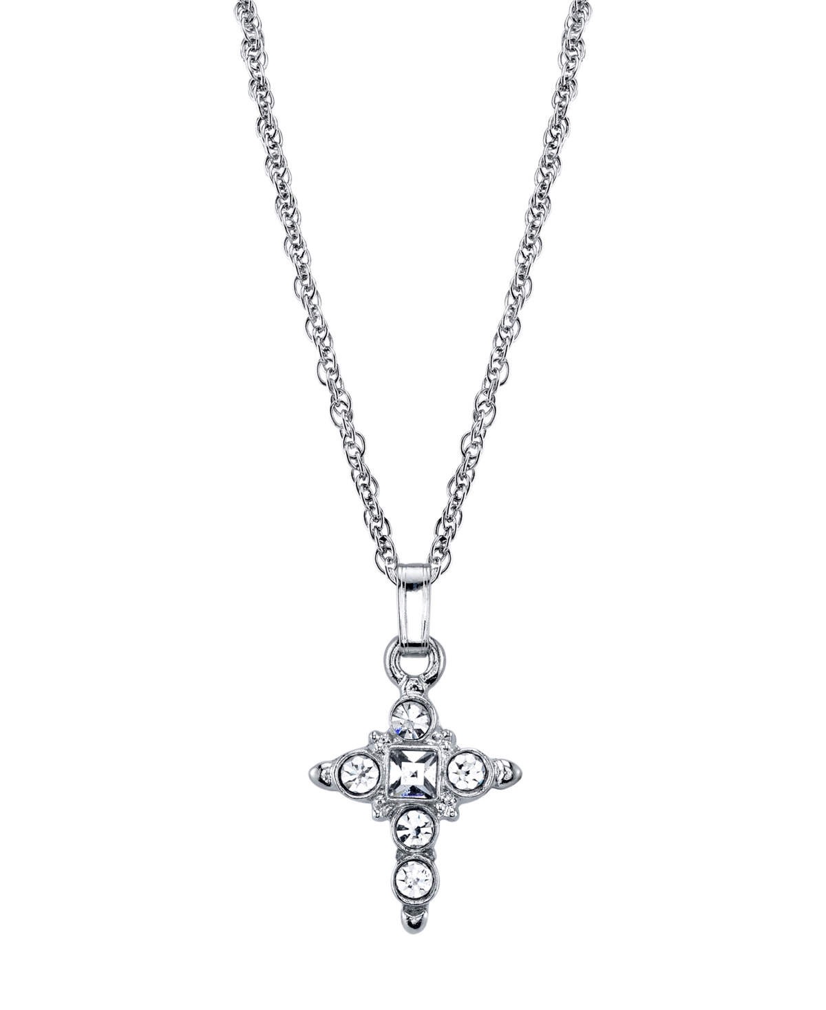 2028 Silver Tone Crystal Cross Pendant Necklace 16" Adjustable In White