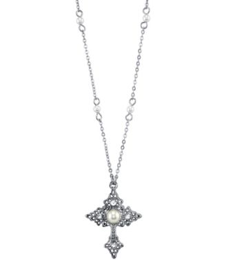 2028 Silver Tone Filigree Cross with Simulated Pearl Crystal Accent Necklace 16