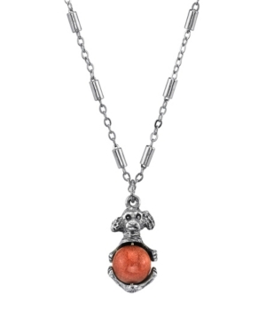 image of 2028 Pewter Round Semi Precious Gold Stone Puppy Dog Necklace 16