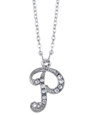 Silver-Tone Crystal Initial Necklace 16" Adjustable