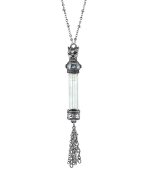 image of 2028 Antiqued Pewter Blue Crystal Cat Vial Tassle Necklace 30