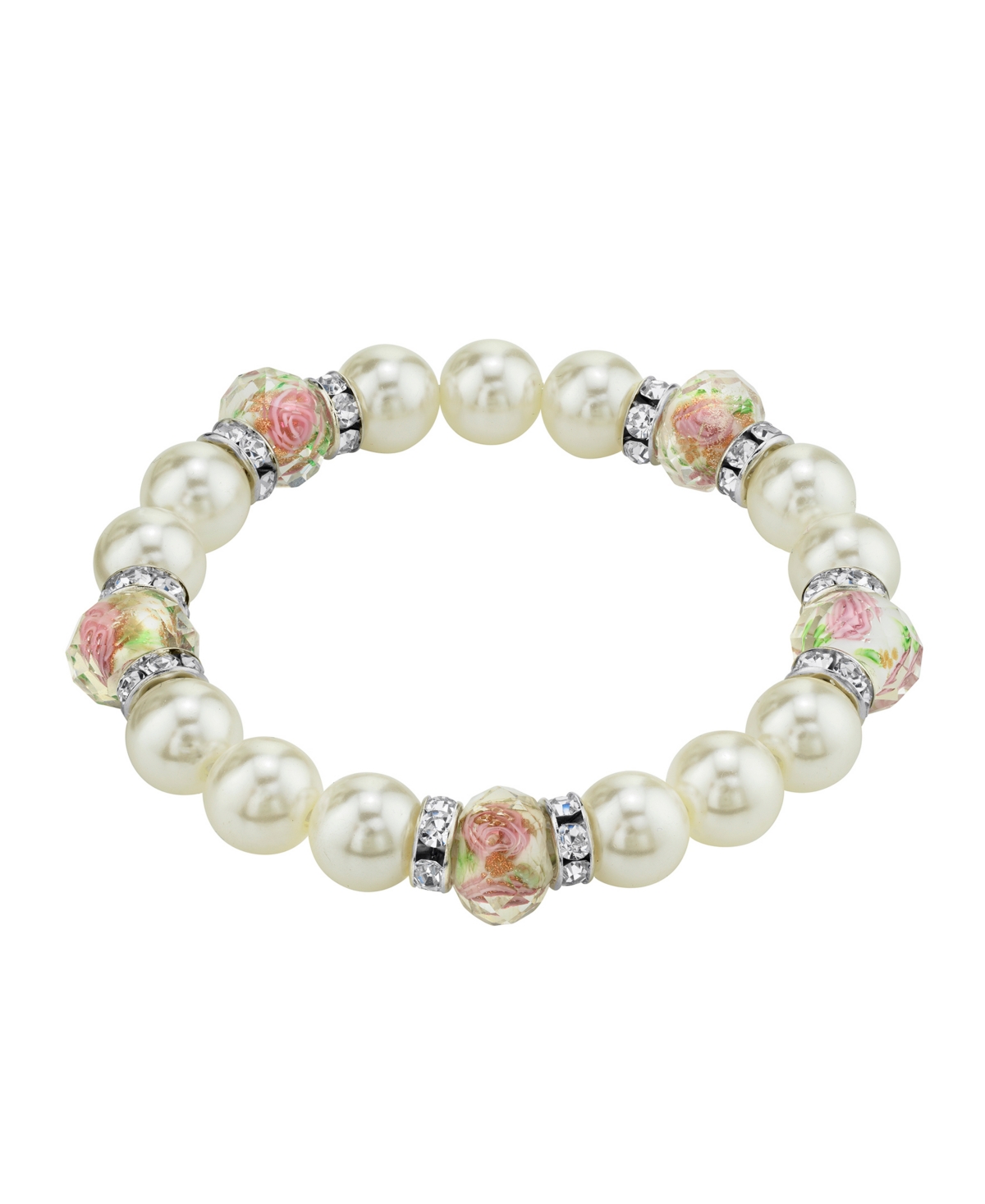 2028 Silver Tone Faux Pearl Pink Flower Beaded Stretch Bracelet In White