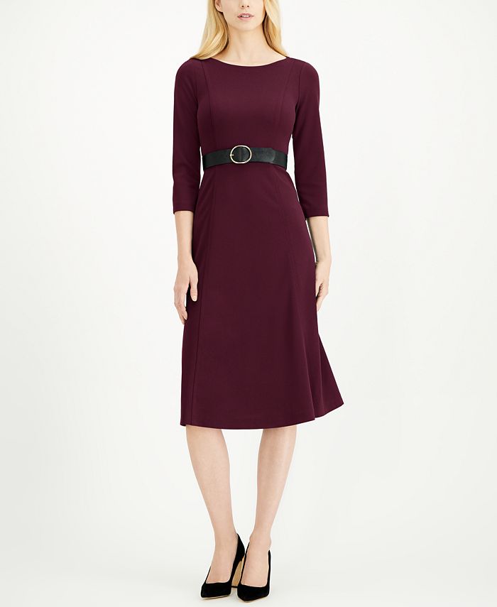 Calvin Klein 3/4-Sleeve Belted Midi Dress & Reviews - Dresses - Women -  Macy's