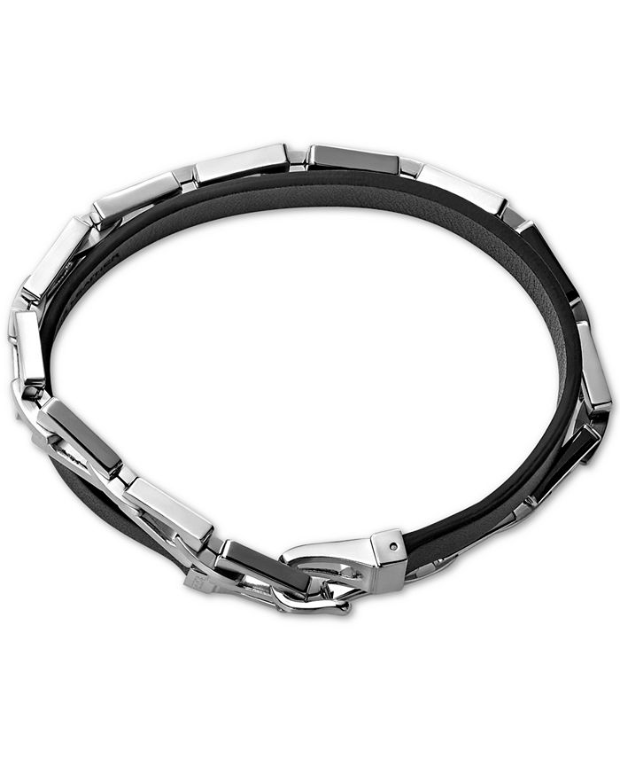 Bulova Men's Black Leather and Tuning-Fork Link Wrap Bracelet in ...