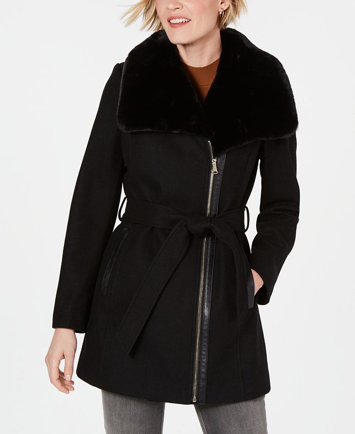 INC International Concepts INC Asymmetrical Faux-Fur-Collar Belted Coat ...