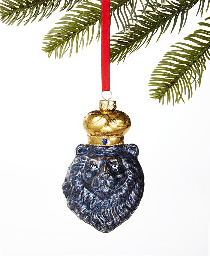 Details about   Glass Blue Gold Glitter Lion Head with Crown King Royal Christmas Ornament Macys 