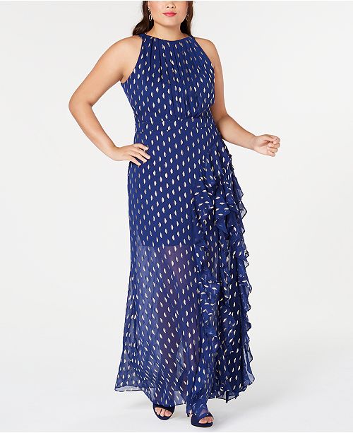 Betsy Adam Plus Size Ruffled Metallic Print Gown Reviews