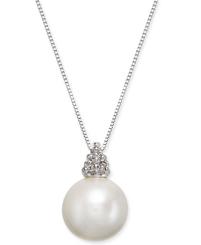 Macy's - Cultured Freshwater Pearl (10mm) & Diamond Accent 18" Pendant Necklace in 14k White Gold
