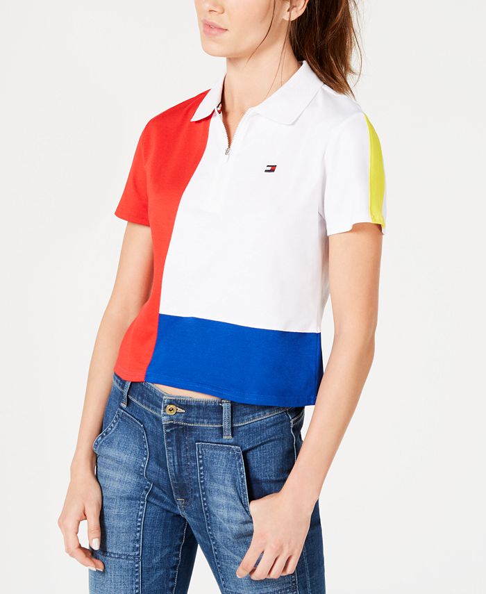 Tommy Hilfiger Cropped Colorblocked Polo Shirt - Macy's