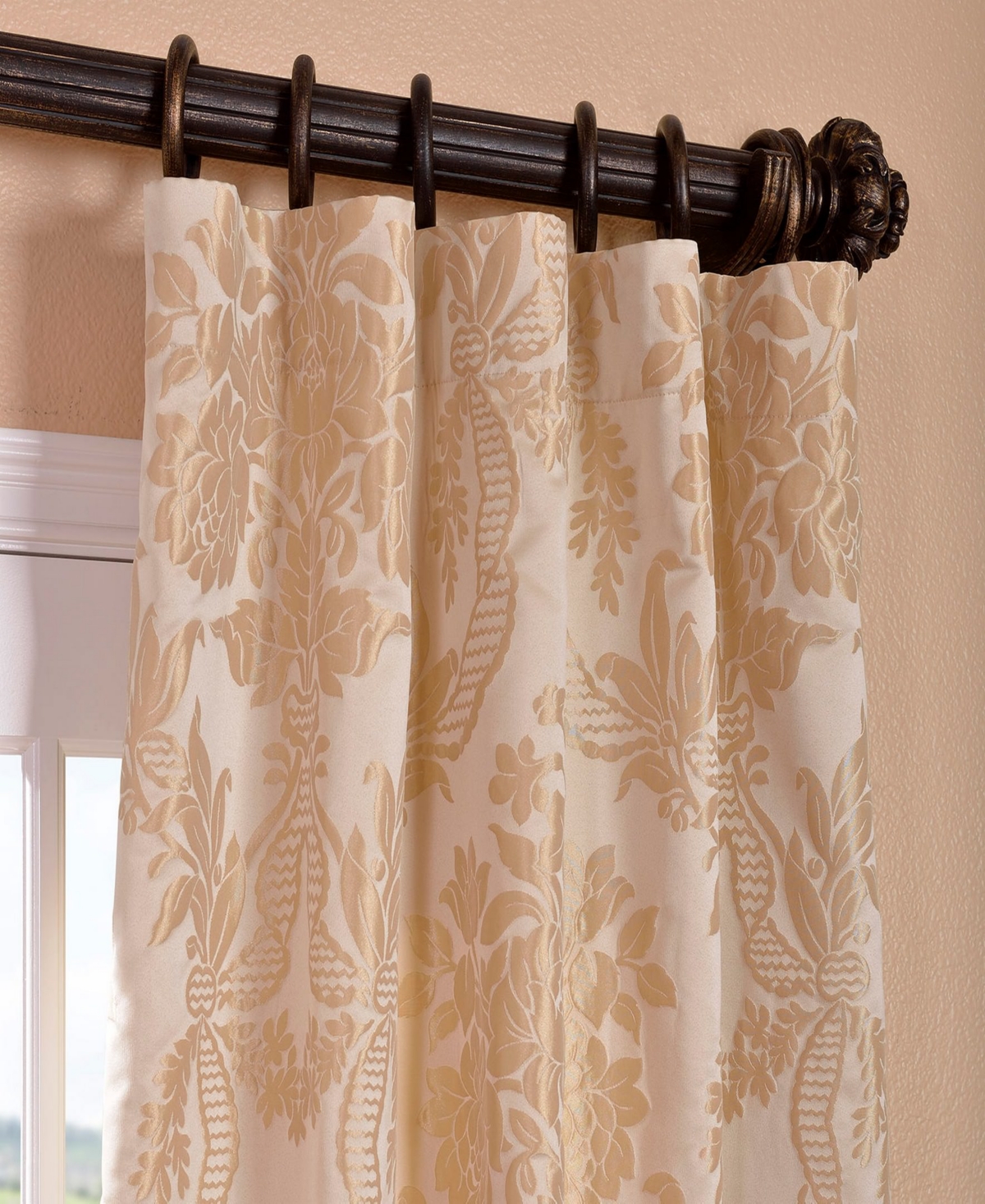 Half Price Drapes Magdelena Champagne Beige Damask Faux Silk Jacquard Room Darkening Curtain