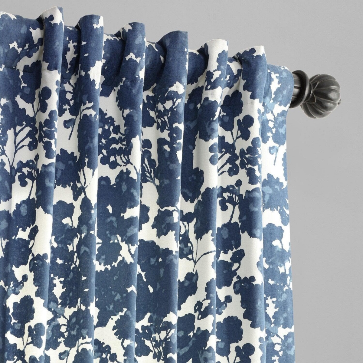 Half Price Drapes Fleur Blue Floral Printed Cotton Room Darkening Curtain