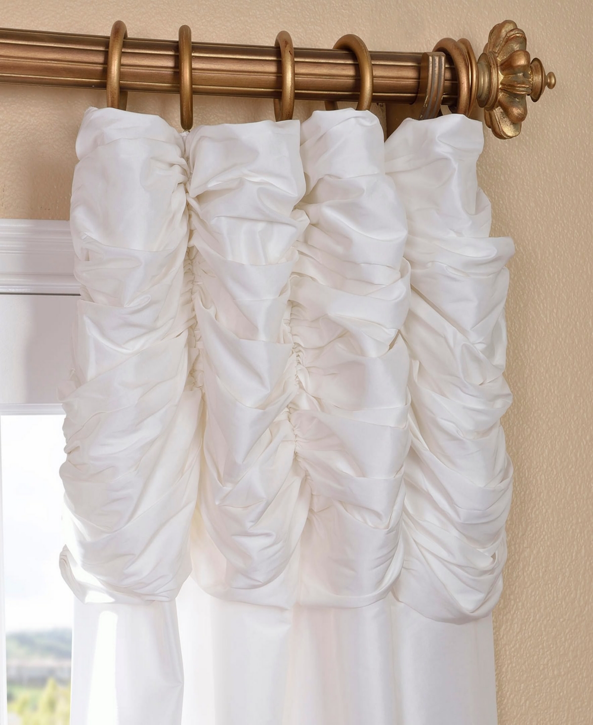 Half Price Drapes Eggshell Ruched Solid Faux Silk Taffeta Room Darkening Curtain In White