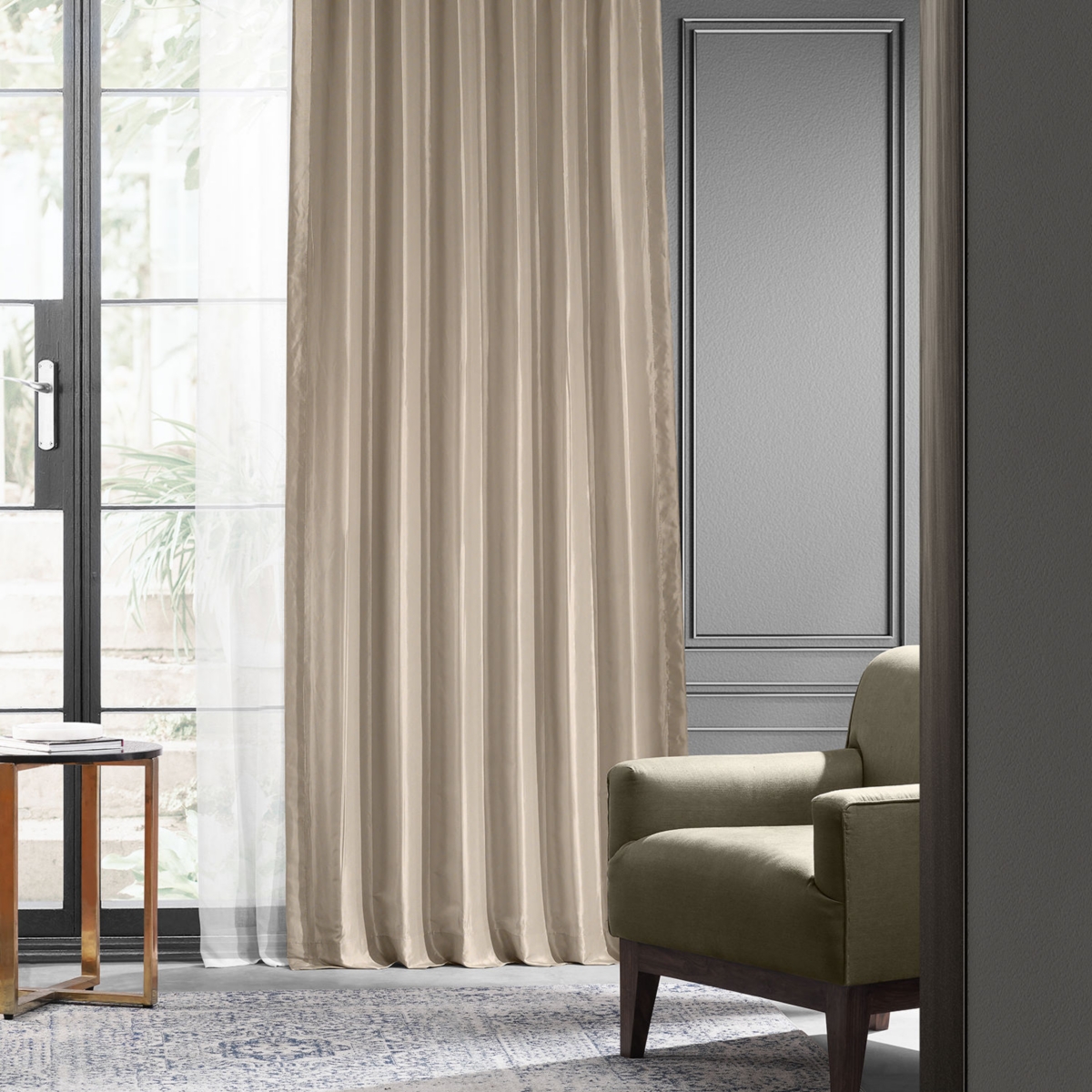 Half Price Drapes Antique Beige Faux Silk Taffeta Blackout Curtain