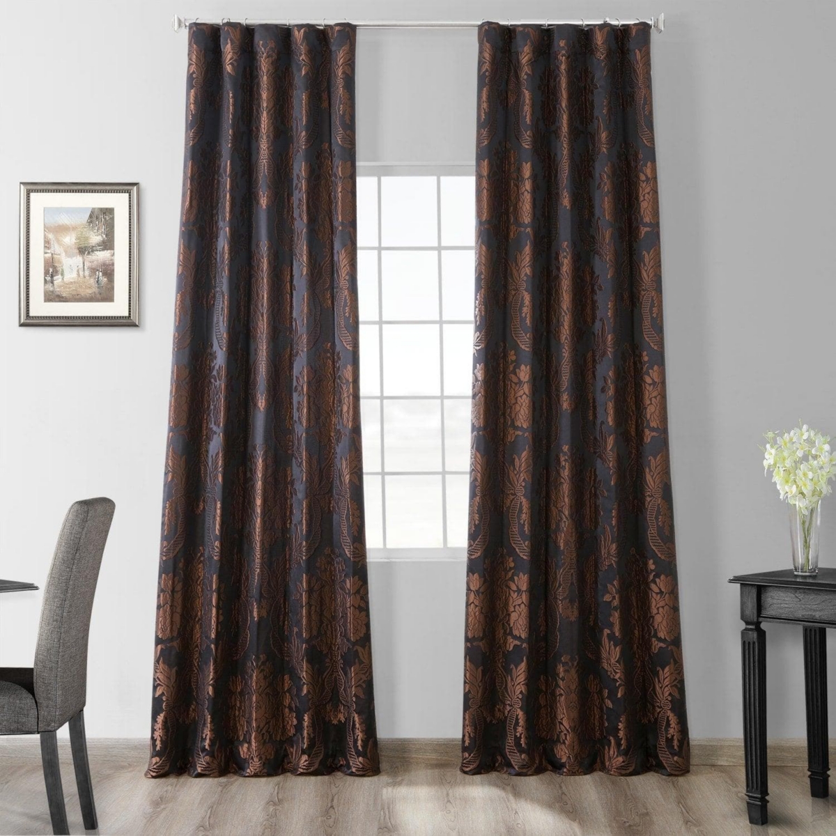Half Price Drapes Magdelena Black & Copper Damask Faux Silk Jacquard Room Darkening Curtain