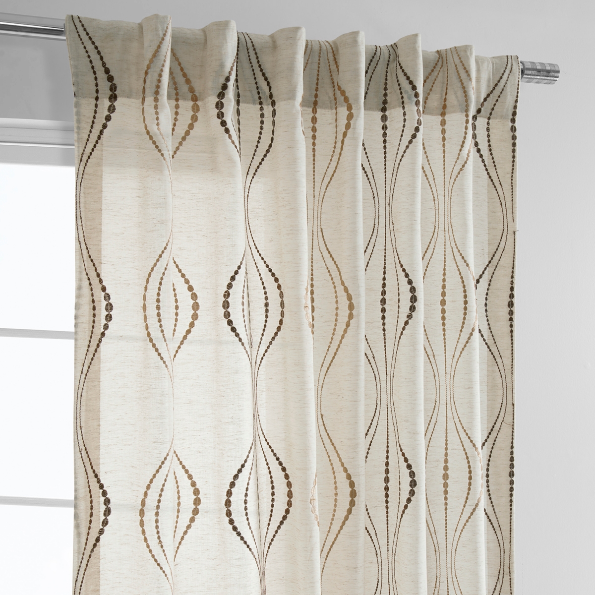 Half Price Drapes Suez Bronze Embroidered Striped Patterned Faux Linen Sheer Curtain