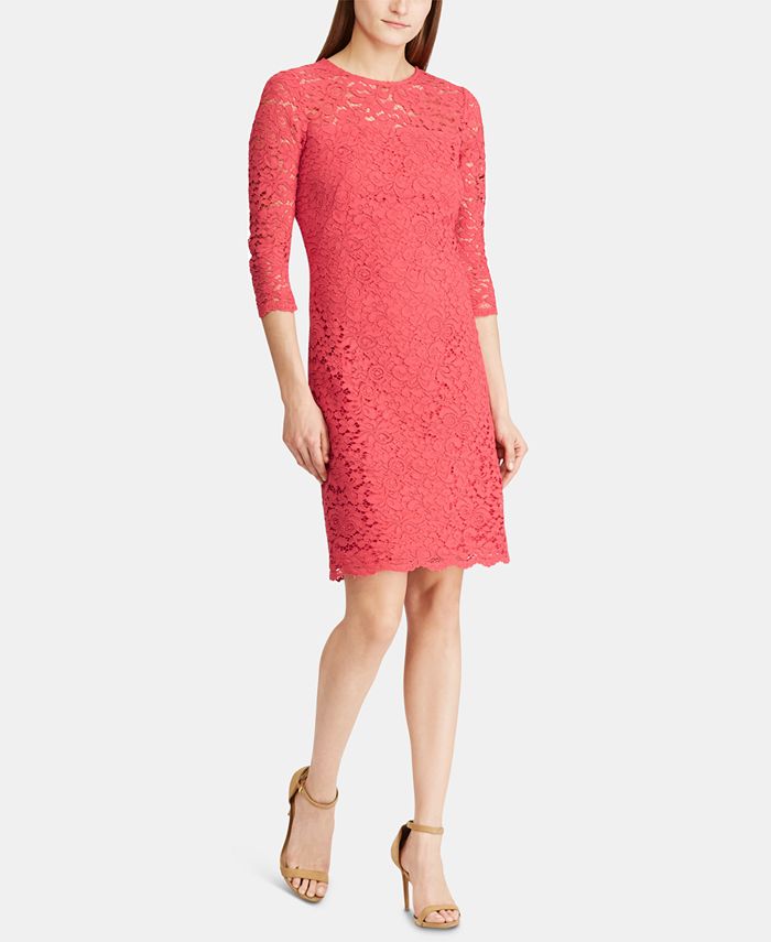 Lauren Ralph Lauren Scalloped-Hem 3/4-Sleeve Lace Dress - Macy's