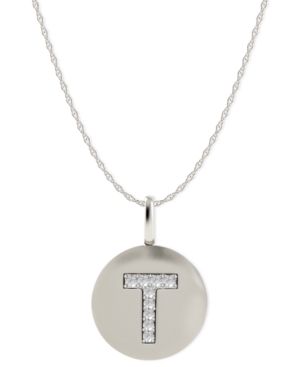 image of 14k White Gold Necklace, Diamond Accent Letter T Disk Pendant