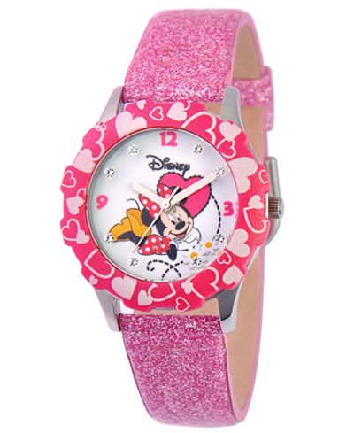 Disney Watch, Kid's Glitz Minnie Mouse Pink Glitter Leather Strap 32mm W000283