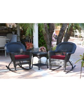 Jeco - 3pc Honey Rocker Wicker Chair Set With Red Cushion