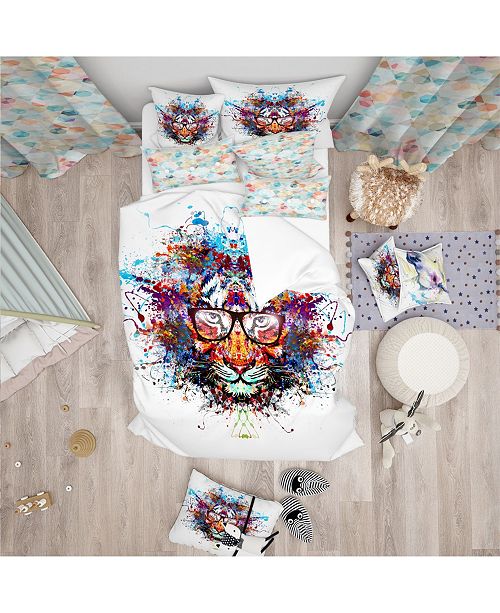 Design Art Designart Colorful Tiger In Glasses Modern Kids Duvet