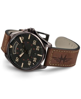 Men's Swiss Automatic Khaki Pilot Brown Leather Strap Watch 42mm