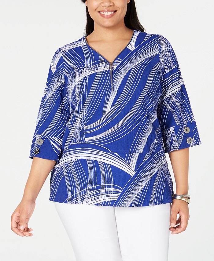 JM Collection Plus Size Printed Zip-Front Top, Created for Macy's - Macy's