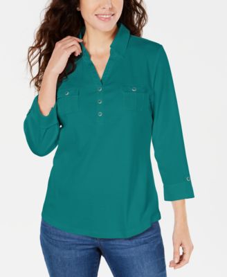 Karen Scott - Cotton Johnny-Collar Utility Shirt
