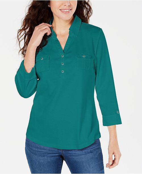 Karen Scott Cotton Johnny-Collar Utility Shirt, Created for Macy's ...