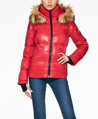 kylie faux fur trim gloss puffer jacket