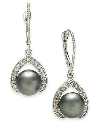Macy's - Cultured Tahitian Pearl (8mm) & Diamond (1/3 ct. t.w.) Drop Earrings in 14k White Gold