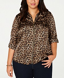 Plus Size Animal-Print Zip-Front Collared Top