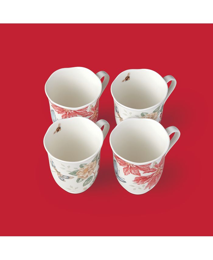 Lenox Butterfly Meadow Holiday Set/4 Mugs Poinsettias and Jasmine Design, Created for Macy's