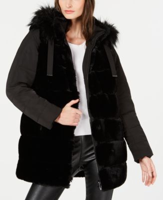 Via Spiga Faux-Fur Puffer-Sleeve Hooded Coat - Macy's