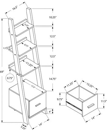 Monarch Specialties - Bookcase - 69"H Dark Taupe Ladder W Storage Drawer
