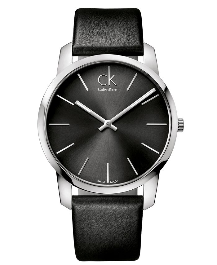 Calvin Klein Watch, Men's Swiss City Black Leather Strap 43mm K2G21107 ...